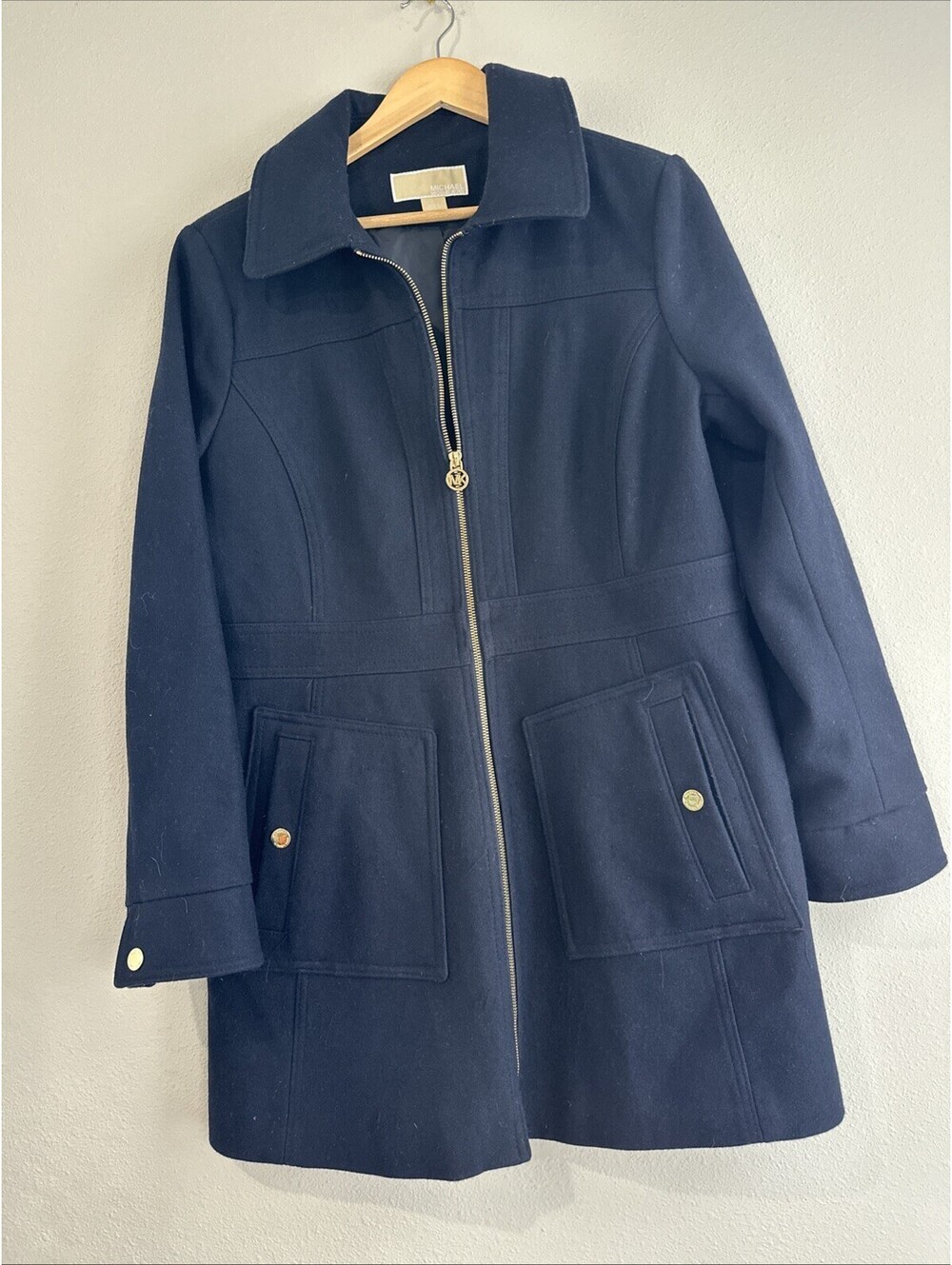 Navy blue Michael Kors wool-blend collar coat Size L, Gold Tone Hardware